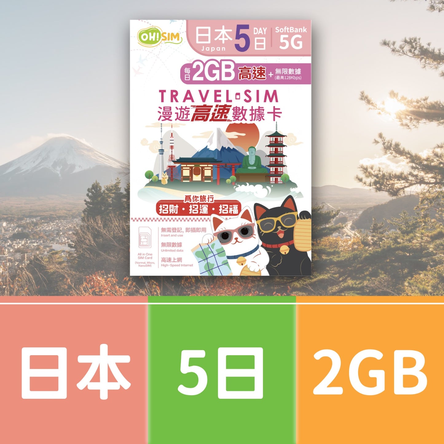 OH! SIM 日本 5天 漫遊高速數據卡 (每天首2GB高速+無限數據) [順豐到付 /或 自取]
