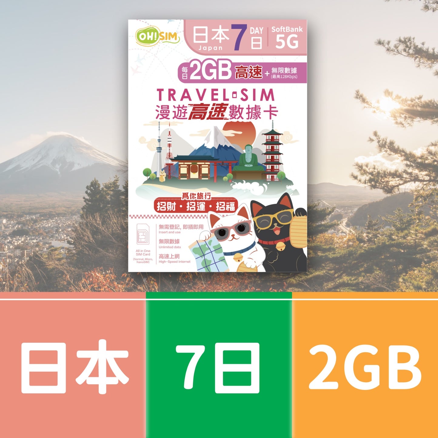 OH! SIM 日本 7天 漫遊高速數據卡 (每天首2GB高速+無限數據) [順豐到付 /或 自取]
