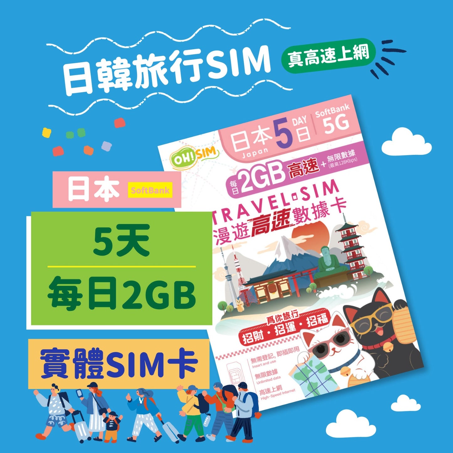 OH! SIM 日本 5天 漫遊高速數據卡 (每天首2GB高速+無限數據) [順豐到付 /或 自取]